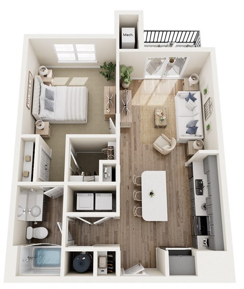 a 1 bedroom floor plan with bedroom and kitchen